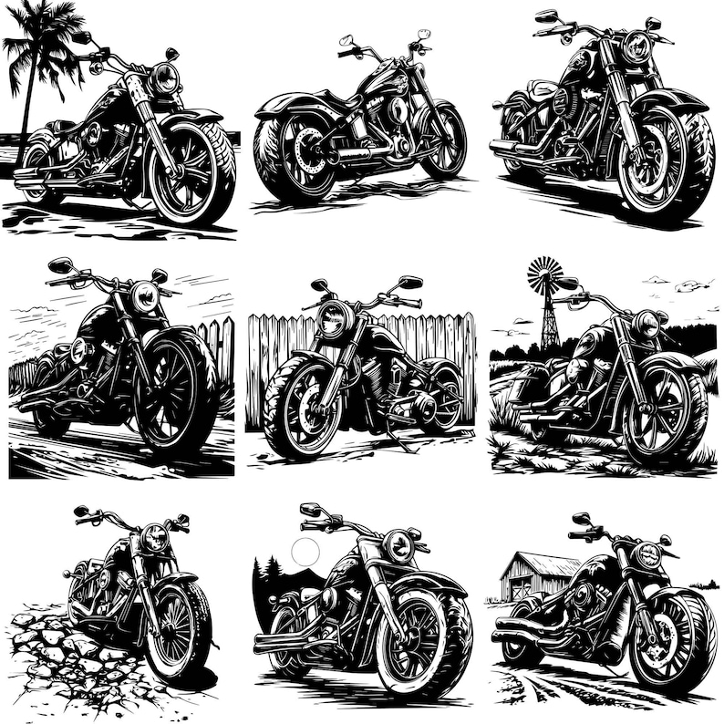 May include: A black and white illustration of nine different motorcycle designs. Each motorcycle is a classic cruiser style with a large front wheel and a long, low frame. The motorcycles are drawn in a realistic style with detailed features like chrome accents and engine parts.