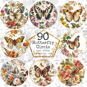 May include: A set of 90 digital clipart images featuring colorful butterflies with floral backgrounds. The butterflies are in various poses and colors, and the flowers are in a variety of styles. The images are perfect for crafting, scrapbooking, and other creative projects.