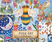 1300 Big Watercolor Folk Art Bundle - Printable Pages, Woodland Animals Junk Journal, All Seasons Digital Collage Sheet