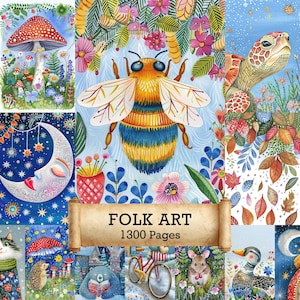 Op de afbeelding: Een kleurrijke folk art illustratie met een grote bij met gele en blauwe strepen, omringd door bloemen en andere grillige afbeeldingen. De tekst "FOLK ART 1300 Pages" staat op een rol.