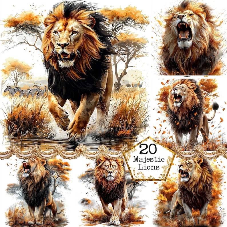 May include: A digital collage of 20 majestic lions in various poses, set against a backdrop of autumnal foliage and a golden river. The lions are depicted in a realistic style with intricate details, showcasing their powerful presence and regal nature.