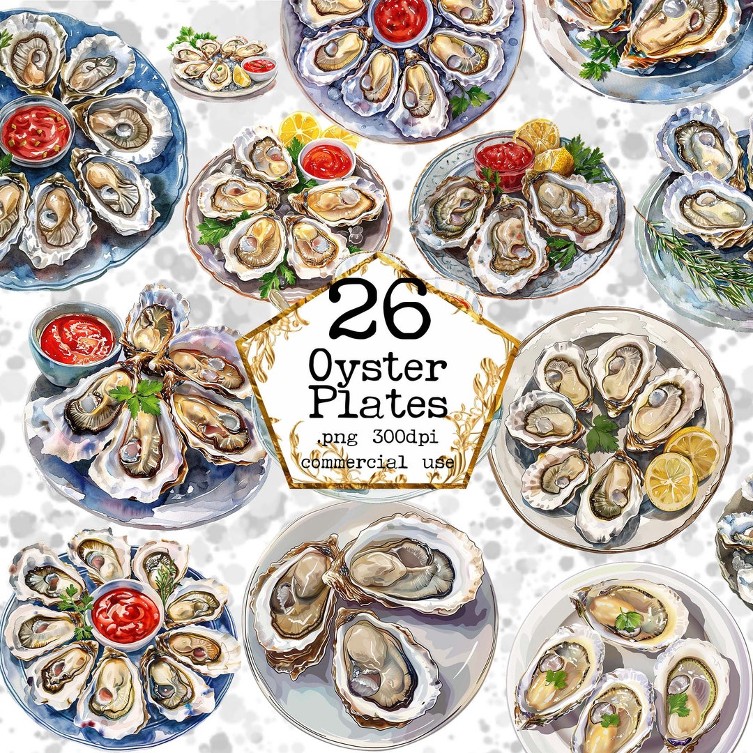 Watercolor Oyster on Plate Clipart Bundle Restaurant Food Clipart ...