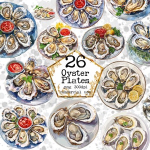 Watercolor Oyster on Plate Clipart Bundle Restaurant Food Clipart Bundle PNG Seafood Instant Download Paper Crafts Junk Journal Scrapbooking