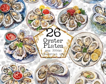 Watercolor Oyster on Plate Clipart Bundle Restaurant Food Clipart Bundle PNG Seafood Instant Download Paper Crafts Junk Journal Scrapbooking