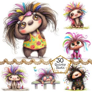 Pacchetto di clipart di bradipi stravaganti in formato JPEG, bradipo stravagante, clipart di bradipi divertenti, download istantaneo, artigianato di carta, diario di spazzatura, scrapbooking