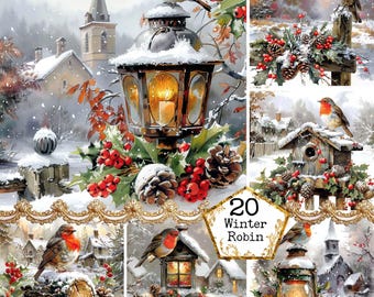 JPEG Aquarell Rotkehlchen und Laterne Dorf Illustration Clipart Bundle Weihnachten JPEG Sofortiger Download Papier Handwerk Junk Journal Scrapbooking