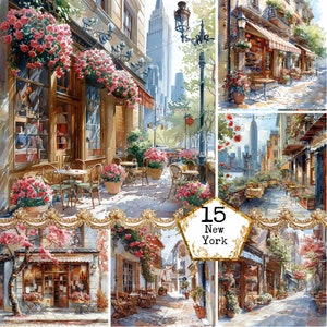 Shabby Chic New York City Clipart JPEG Acquerello Città Clipart Bundle Destinazione Download immediato Artigianato di carta Diario spazzatura Scrapbooking