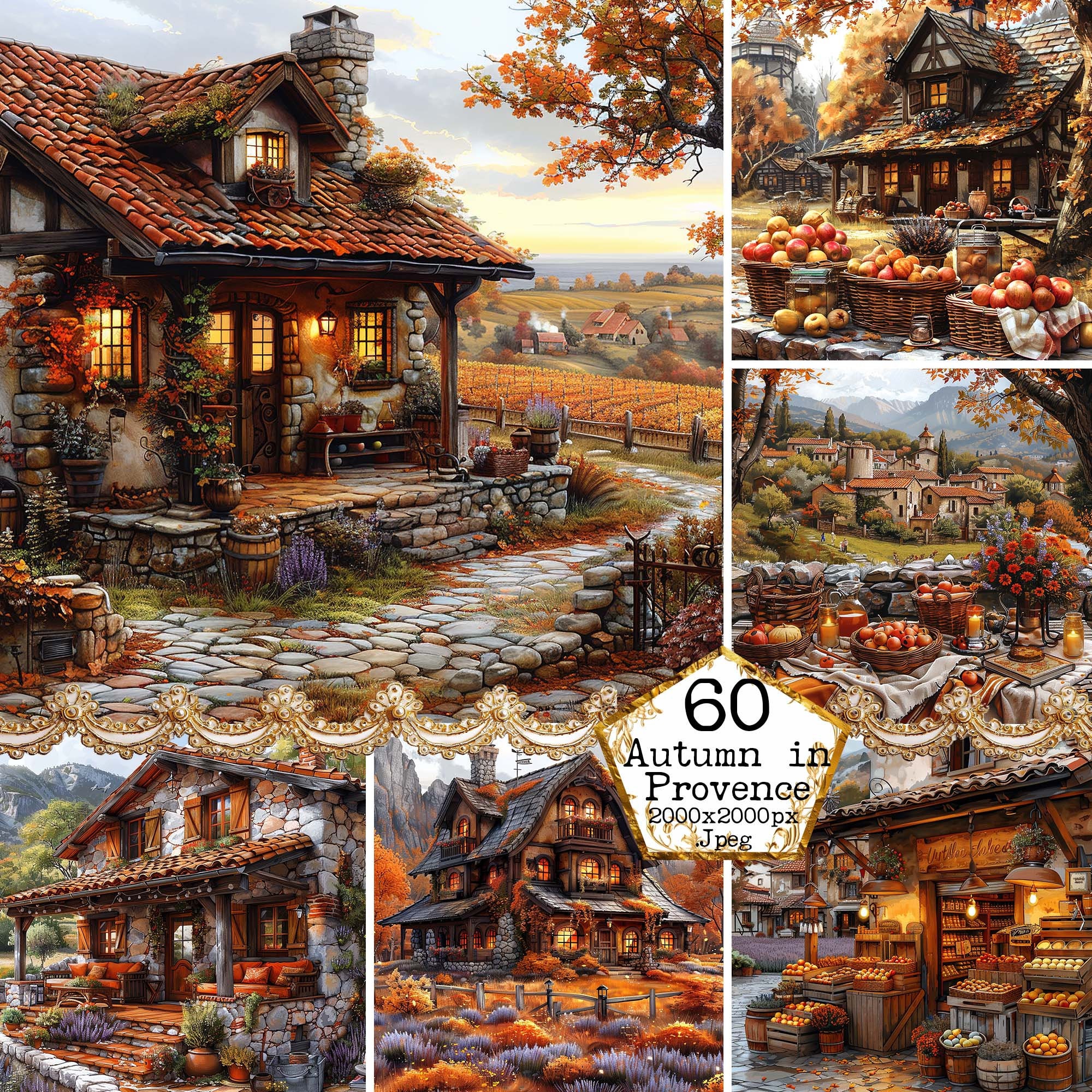 Watercolor Provence Autumn Scenery Clipart Bundle JPEG Village