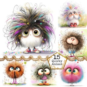 Pacchetto di clipart di animali soffici e stravaganti in formato JPEG, mostri stravaganti, creature soffici e carine, download istantaneo di lavori di carta, diario di scarto, scrapbooking