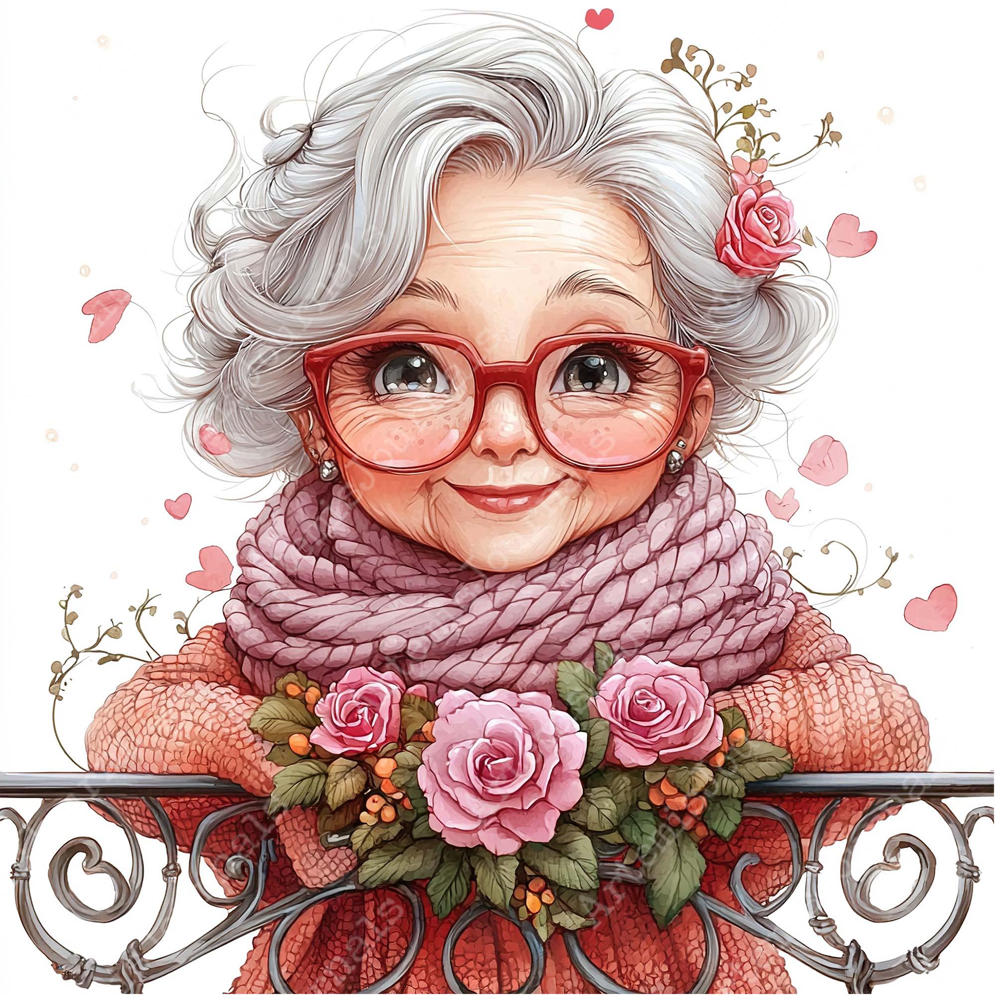 JPEG Watercolor Spring Granny Clipart Bundle Funny Floral Granny Spring ...