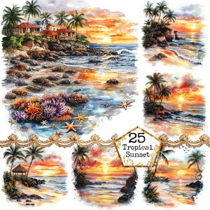 JPEG tropische zonsondergang clipartbundel digitale afbeeldingen strand landschap commercieel gebruik Instant Download papier ambachten ongewenste dagboek scrapbooking