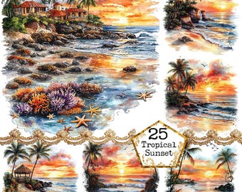 JPEG Tropical Sunset Clipart Bundle digital graphics beach landscape commercial use Instant Download Paper Crafts Junk Journal Scrapbooking