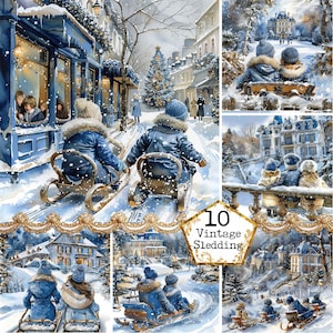 JPEG Acquerello Bambini Slittino Illustrazione Pacchetto JPEG Paesaggio di Natale Clipart Download immediato Artigianato di carta Junk Journal Scrapbooking