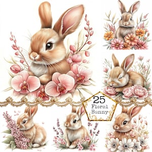 JPEG Watercolor Spring Rabbit Clipart Bundle Cute Bunny Clipart Spring Flowers Art Instant Download Paper Crafts Junk Journal Scrapbooking
