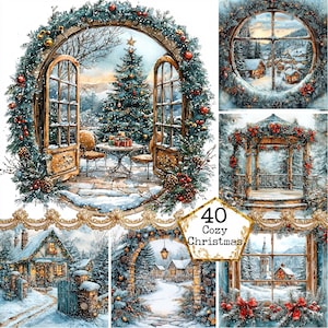 JPEG Aquarela Vistas de Natal Gráficos Cena de Natal Janela de Natal Natal Download instantâneo Papel Artesanato Diário de lixo Scrapbooking