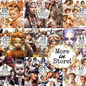 May include: A collage of digital illustrations featuring various themes, including Halloween, American Indians, Victorian, and baby characters. The images are colorful and whimsical, with a variety of styles and textures. The text "More in Store!" is displayed in the center of the collage.