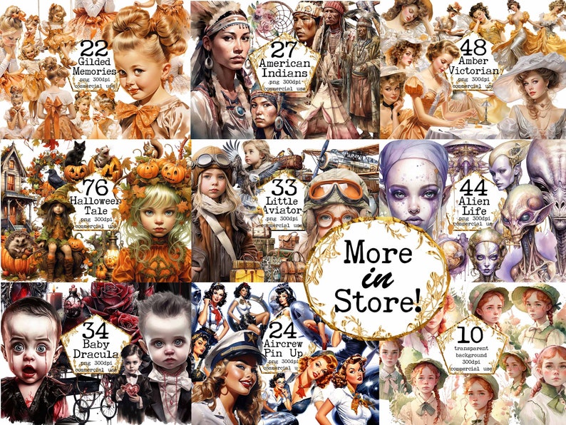 May include: A collage of digital illustrations featuring various themes, including Halloween, American Indians, Victorian, and baby characters. The images are colorful and whimsical, with a variety of styles and textures. The text "More in Store!" is displayed in the center of the collage.
