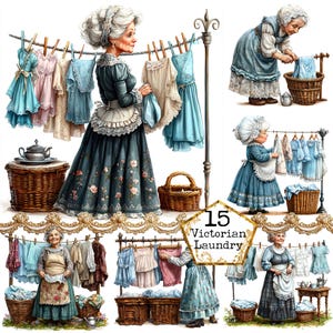 JPEG Victorian Senior Lady Doing Laundry Clipart Granny Clipart Washing House Shores Instant Download Paper Craft Junk Journal Scrapbooking
