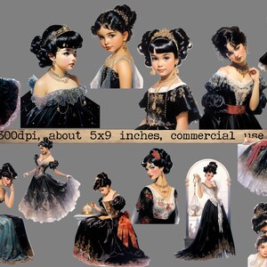 May include: A digital collage of ten images featuring women in various poses, all wearing black dresses with intricate details. The women have dark hair and are adorned with jewelry. The images are set against a gray background.
