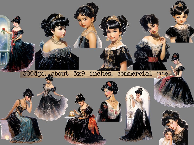 May include: A digital collage of ten images featuring women in various poses, all wearing black dresses with intricate details. The women have dark hair and are adorned with jewelry. The images are set against a gray background.