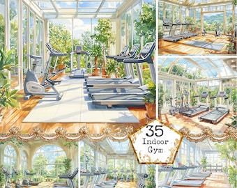 JPEG Watercolor Indoor Gym Interiors Instant Download Paper Crafts Junk Journal Scrapbooking