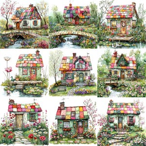 May include: Nine whimsical illustrations of colorful patchwork houses with green trim, surrounded by lush greenery and flowers. Each house has a unique design and features a small bridge, a pond, or a path leading to the front door.