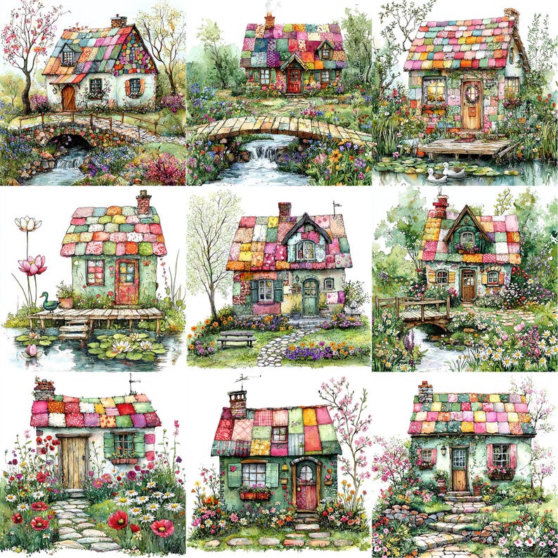May include: Nine whimsical illustrations of colorful patchwork houses with green trim, surrounded by lush greenery and flowers. Each house has a unique design and features a small bridge, a pond, or a path leading to the front door.