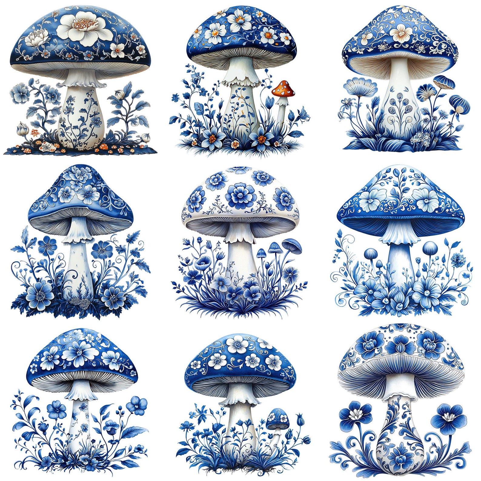 PNG + JPEG Delft Blue Antique Mushroom Tile Clipart Bundle Watercolor ...