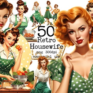 Retro Housewife Clipart PNG Bundle, &#39;50s Transparent PNG, Red Polka Dot Dress, Cooking, Scrapbook, Junk Journal Paper Crafts Commercial Use