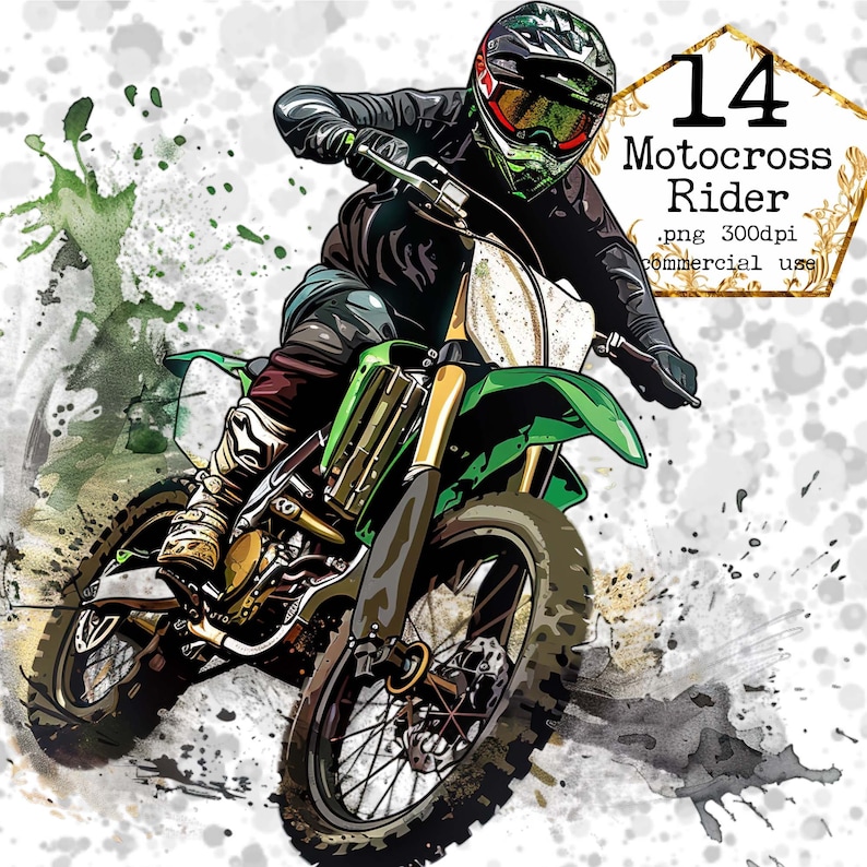 May include: A green and black motocross bike with a rider wearing a black and white helmet and riding gear. The bike is on a dirt track with splashes of green and brown paint.