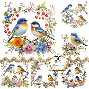PNG + JPEG Acquerello Uccello Corona Clipart Bundle Primavera Clipart Ghirlanda Floreale Arte Download Istantaneo Carta Artigianato Junk Journal Scrapbooking