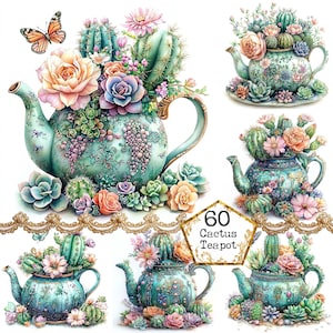 JPEG Fantasy Cactus Teiera Clipart Bundle Teiera Vintage Festa del Tè Verde Asilo Nido Arte Download Istantaneo Artigianato di Carta Diario di Ritagli