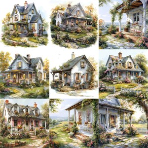 Puede incluir: Un collage de nueve im&aacute;genes que muestran encantadoras casas blancas con exuberantes c&eacute;spedes verdes, flores coloridas y caminos de piedra. Cada casa tiene un estilo arquitect&oacute;nico &uacute;nico y est&aacute; rodeada de un hermoso paisajismo.
