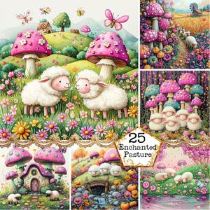 JPEG Champs fantaisistes avec moutons Graphismes pastoraux Cottagecore Art original Téléchargement instantané Papier Artisanat indésirable Journal Scrapbooking