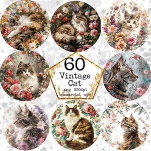 Aquarelle vintage PNG sublimation circulaire Design Clipart Bundle Floral chat PNG Téléchargement instantané Papier Artisanat Junk Journal Scrapbooking