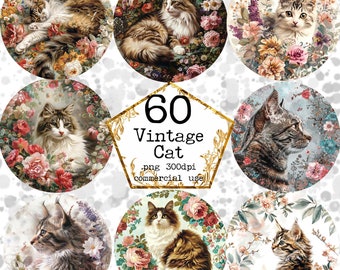 PNG Watercolor Vintage Cat Circular Sublimation Design Clipart Bundle Floral Cat PNG Instant Download Paper Crafts Junk Journal Scrapbooking