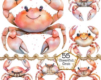 PNG + JPEG Watercolor happy Crab Clipart bundle Summer Clipart See Animal Instant Download Paper Crafts Junk Journal Scrapbooking