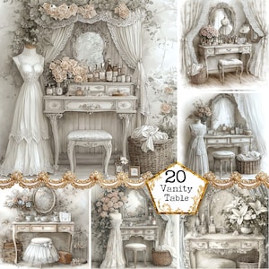 May include: A collection of 20 vanity tables in various styles, featuring ornate details, delicate floral accents, and a vintage aesthetic. Each table has a mirror, drawers, and a stool. The tables are displayed in a variety of settings, including a bedroom, a dressing room, and a garden.