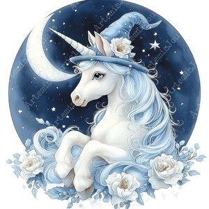 JPEG aquarel maanverlichte clipartbundel magische eenhoorn maan en dierlijke nachtelijke kunst Instant Download papier ambachten ongewenste dagboek scrapbooking