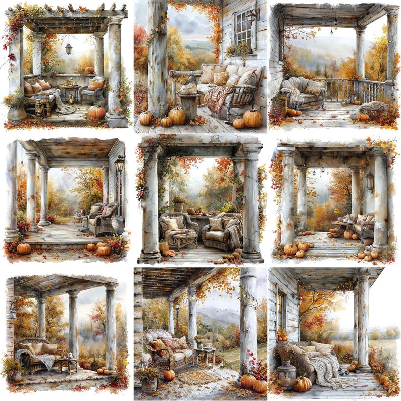 Watercolor Cozy Autumn Porch JPEG Porch Clipart Pumpkin Clipart ...