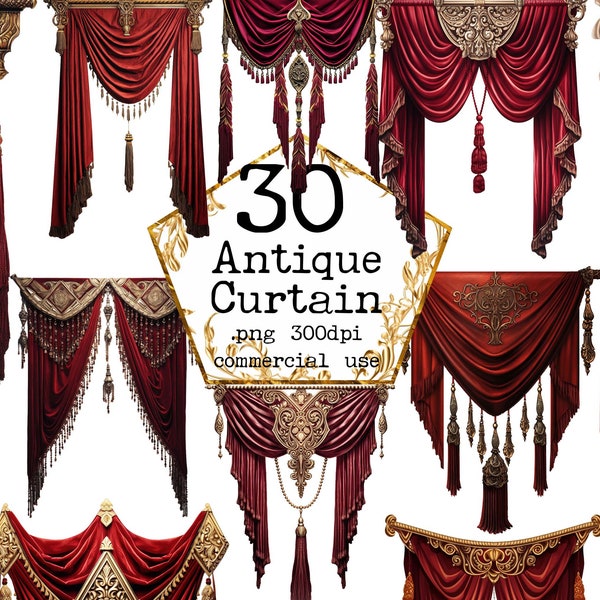 Antique Red Curtains Clipart graphics Stage Curtains Theater Curtains Red and Gold Drapes Overlays Backgrounds Junk Journal Paper Crafts