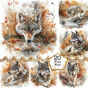 JPEG aquarel herfst Wolf clipartbundel JPEG commercieel gebruik afdrukbare achtergronden Instant Download papier ambachten ongewenste dagboek scrapbooking