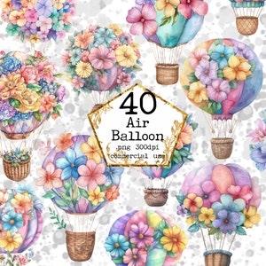 PNG Watercolor Floral Hot Air Balloons Vintage Clipart Watercolor Printable Art PNG Instant Download Paper Crafts Junk Journal Scrapbooking