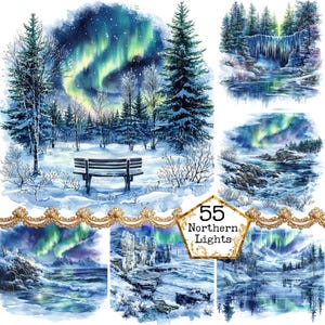JPEG Acquerello Aurora Boreale Clipart Bundle Polo Nord Inverno Clipart Vista innevata Download immediato Artigianato di carta Diario spazzatura Scrapbooking