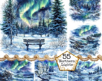 JPEG Watercolor Northern Lights Clipart Bundle North Pole Winter Clipart Snowy View Instant Download Paper Crafts Junk Journal Scrapbooking