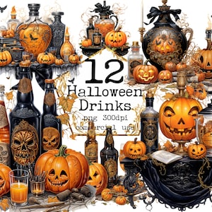 May include: A digital illustration featuring various Halloween-themed drinks and decorations. The image includes carved pumpkins, bottles, and jars with spooky designs. The text "12 Halloween Drinks" is prominently displayed, along with other details.