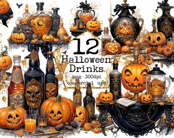 PNG Halloween Drinks Clipart PNG, Retro Halloween PNG Bundle, Retro Beer Clipart, Halloween arangement Clipart Junk Journal Scrapbooking