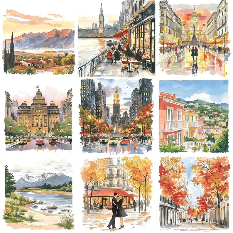 May include: A collage of nine watercolor paintings depicting various cityscapes. The paintings feature scenes of buildings, streets, and people in different locations around the world. The paintings are all done in a realistic style and capture the beauty of the cities they depict.