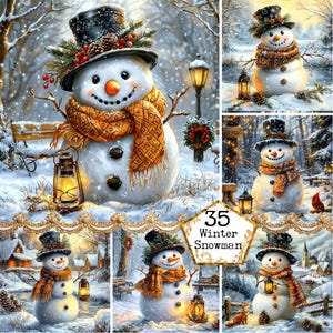 Imágenes de álbum de recortes con bufanda marrón claro y muñeco de nieve en formato JPEG, gráficos de invierno, imprimibles festivos, descarga instantánea, manualidades con papel, diario basura, álbumes de recortes