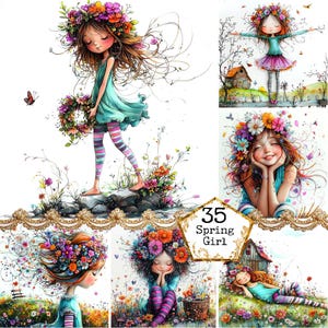 JPEG Acquerello Primavera Ragazza Clipart Bundle Ragazza stravagante Ragazze eccentriche Primavera Clipart Download immediato Carta Artigianato Diario spazzatura Scrapbooking